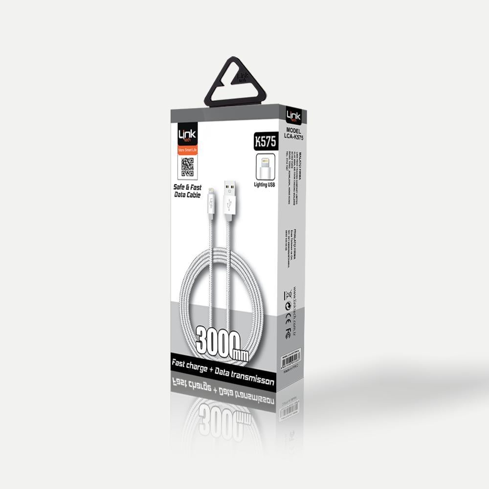 Linktech K575 Safe Örgü Metal Başlı 3000mm Iphone Şarj Kablosu