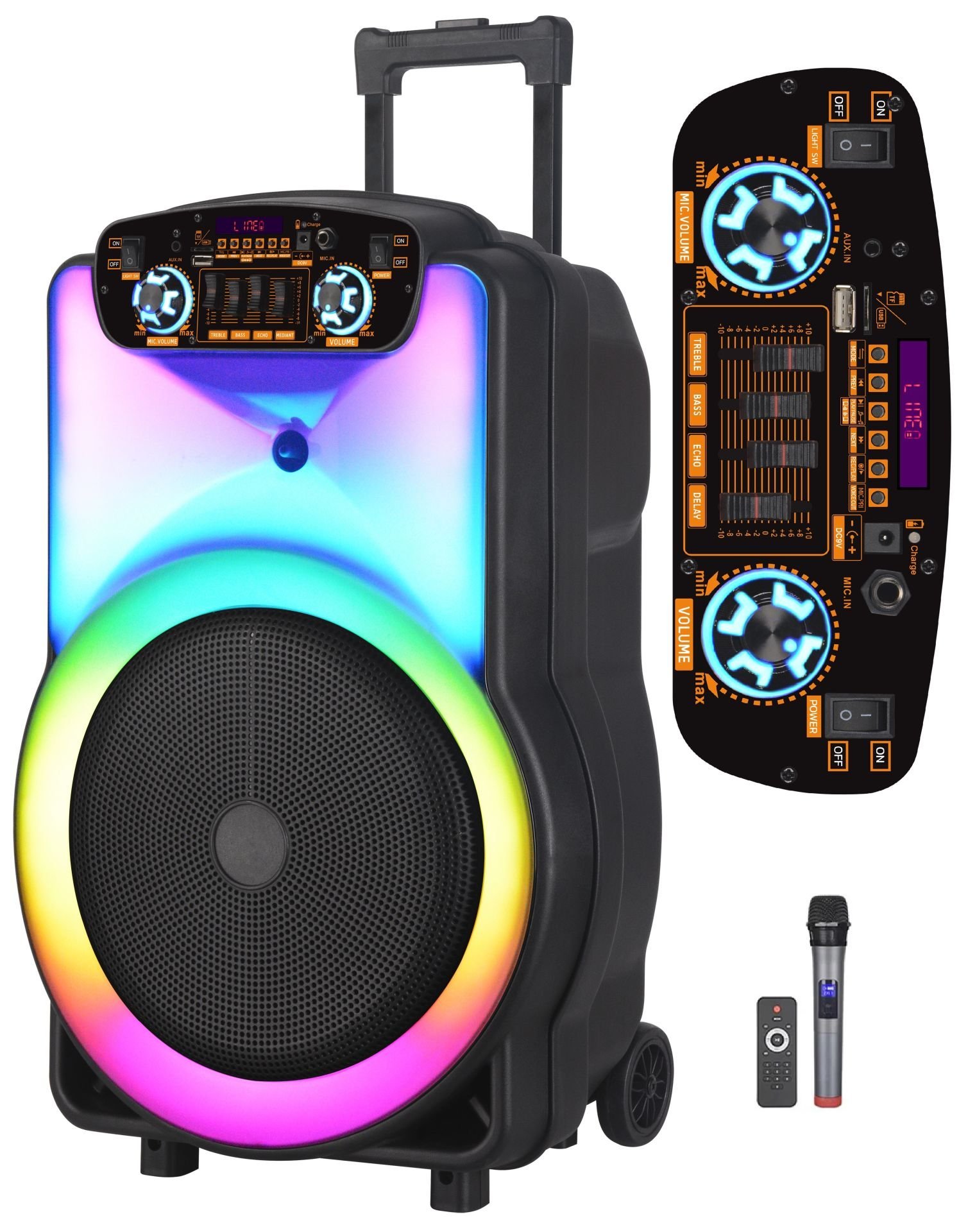 RXY-NDR-Y12 Full Ledli 40 Watt ( 12 INCH ) Kablosuz Mikrofonlu Kumandalı FM / BT / USB ve TF Kart Girişli Anfili Hoparlör