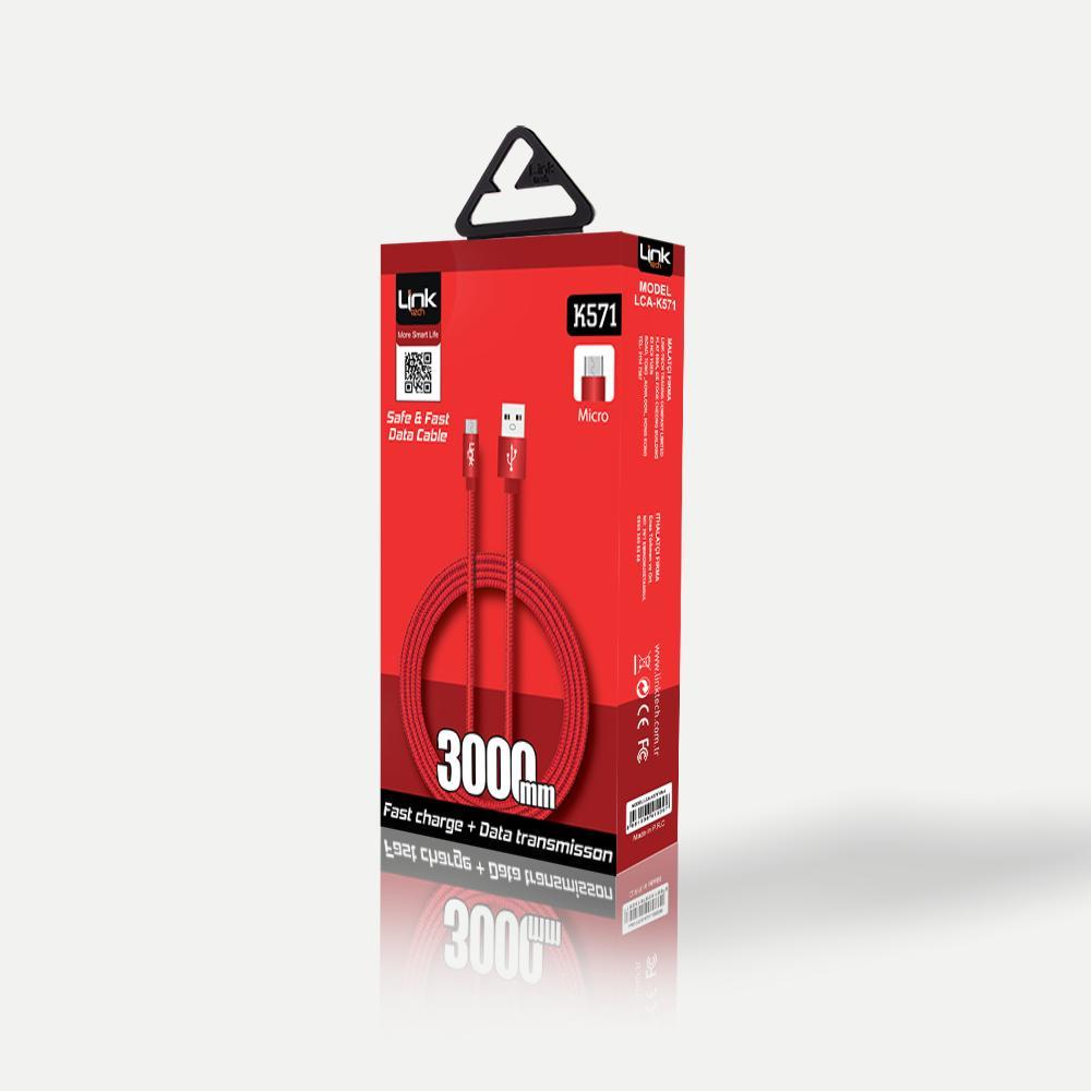 Linktech K-571 Safe Micro USB Örgü Metal Başlıklı 3000mm Şarj Kablosu