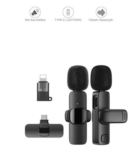 K9 Kablosuz 2'li Yaka Mikrofonu Mini Taşınabilir Mikrofon Type-C / Lightning